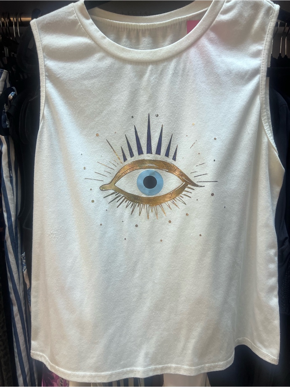 Evil Eye Graphic Print Round Neck Sleeveless Top Muscle Tee Metallic (SEE NOTE)